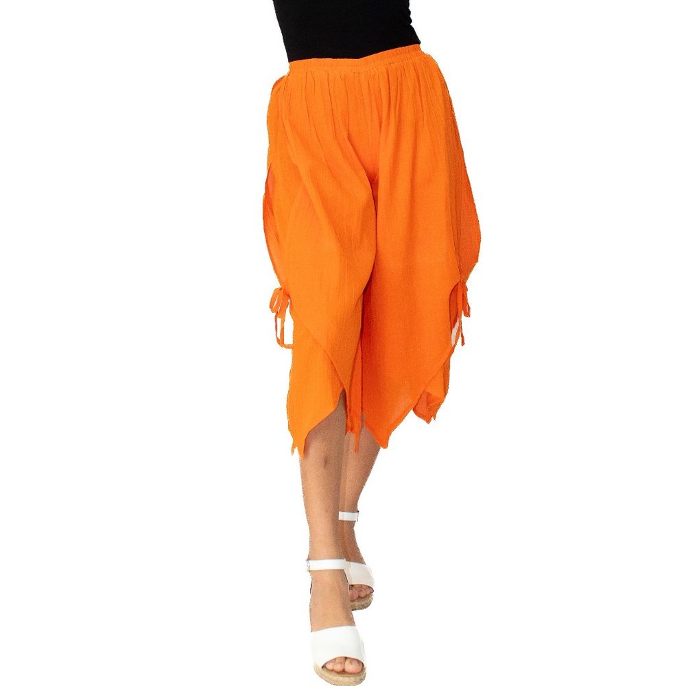 Orange Solid Bottom Tie Capri Style Relaxed Fit Pant